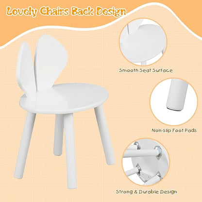VECELO Kids Table and Chair Set, Oval Table with 2 Bunny Ear Chairs, Perfect for Toddlers Playing and Activities, Snow White