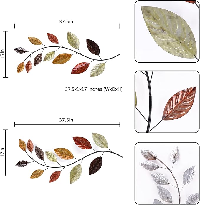 Adeco 37.5 inch Modern Metal Leaf Wall Decor For Living Room Set of 2, Large Metal Wall Art Sculptures For Bedroom, Hallway, Dinning Room