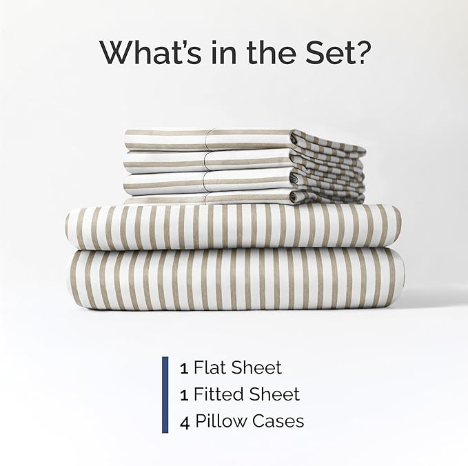 CGK Linens Cal King 6 Piece Sheet Set - Cooling Sheets for Hot Sleepers - Hotel Luxury Bedding Set w/ 8-16 Inch Deep Pockets - 1 Flat & 1 Fitted & 4 Pillowcases - Soft & Wrinkle Free - Beige Stripes