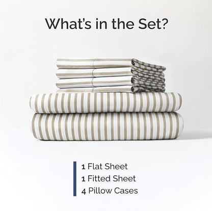 CGK Linens Cal King 6 Piece Sheet Set - Cooling Sheets for Hot Sleepers - Hotel Luxury Bedding Set w/ 8-16 Inch Deep Pockets - 1 Flat & 1 Fitted & 4 Pillowcases - Soft & Wrinkle Free - Beige Stripes