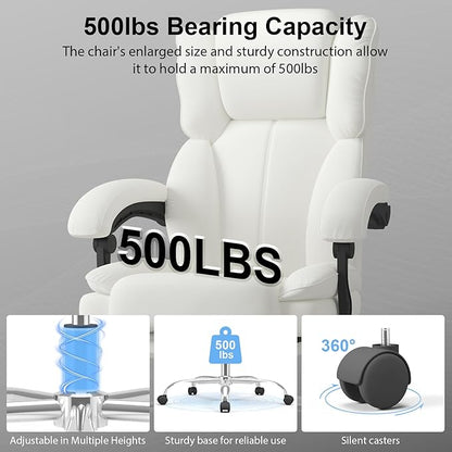 Big and Tall Office Chair, Ergonomic Leather High Back Executive Computer Chair with Retractable Footrest, Adjustable Headrest, Padded Arms, 360°Swivel Free, 90-135°Reclining, 500lbs Wide Seat, White
