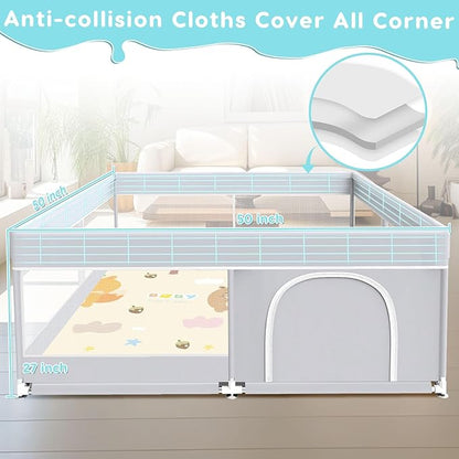 Baby Playpen with Mat, Baby Playard for Toddlers, Sturdy Safety Play Yard with Soft Breathable Mesh, Anti-Fall, 50 * 50 * 27 inches Grey