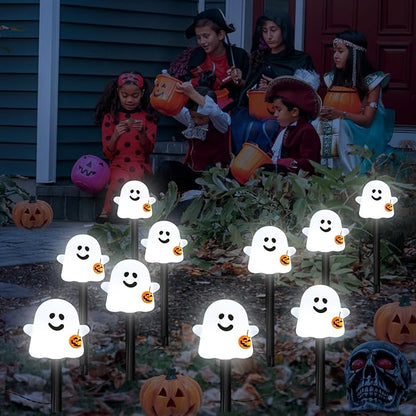 Solar Halloween Ghost Pathway Lights, 10 Pack Ghost Stake Lights with Pumpkin Design, Durable Waterproof Outdoor Halloween Decoration for Garden, Walkway, and Yard (Cold White)