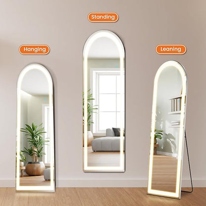 Sweetcrispy Full Length Mirror with LED Lights, 60"x16" Lighted Floor Mirror with Dimming & 3 Color Lighting, Stand for Bedroom, Dressing Room, Arched