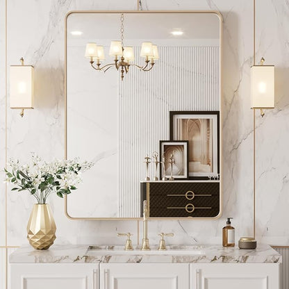 LOAAO 20”X30” Gold Bathroom Mirror, Rounded Rectangle Gold Frame Mirror, Brushed Gold Bathroom Vanity Mirror Wall-Mounted, Anti-Rust, Hangs Horizontally or Vertically