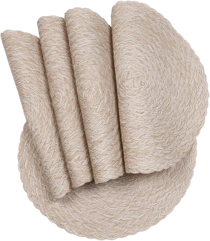 SHACOS Round Braided Placemats 15 inch Set of 4 Boho Woven Washable Kitchen Table Placemats for Home Wedding Party (T-Beige, 4)