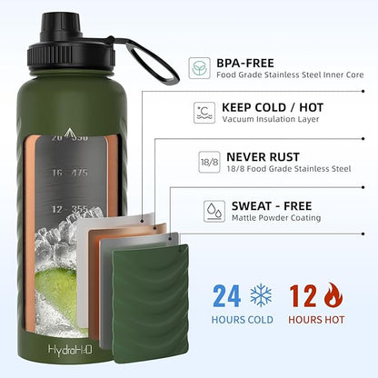 24 oz Insulated Water Bottle - Green Water Bottles with Straw (Straw Lid & Spout Lid) & Silicone Handle & Boot - Wide Mouth Stainless Steel Water Bottles - BPA Free - (Green, 750ml)