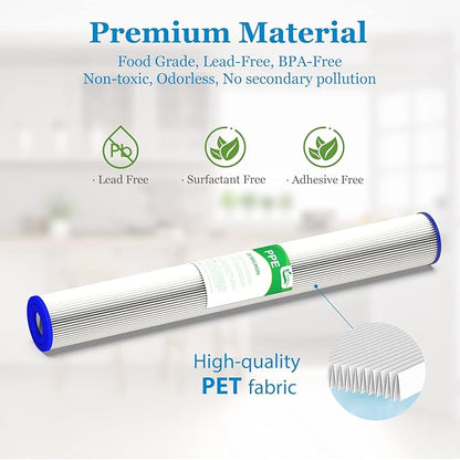 20 Micron 20-Inch Whole House Water Filter Replacement Cartridge, Pleated Sediment Water Filters 2.5" x 20" for Well Water, Compatible with ECP20-20, 255487-43, SPC-25-2020, 6 Pack