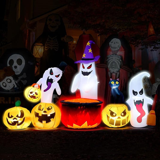 8Ft Long Halloween Inflatables Decoration Ghost and Pumpkin Family with Build-in RGB LED Lights, Halloween Blow Up Yard Decorations for Party Garden Lawn Indoor Outdoor Decor