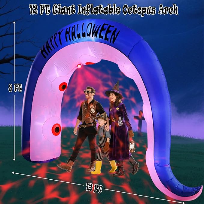 Giant 12FT Long Halloween Inflatables Octopus Arch Outdoor Decorations Blow up Yard Sea Monster Octopus Tenacle Archway with Red Blood Projector Lights for Garden Lawn Party Decor