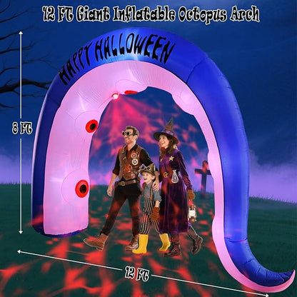 Giant 12FT Long Halloween Inflatables Octopus Arch Outdoor Decorations Blow up Yard Sea Monster Octopus Tenacle Archway with Red Blood Projector Lights for Garden Lawn Party Decor