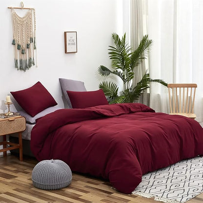 Cottonight Dark Red Comforter King Burgundy Bedding Chic Modern Wine Red Blanket Quilt Breathable Cotton Modern Solid Blackish Red Comforter Set for Women Men King Bed