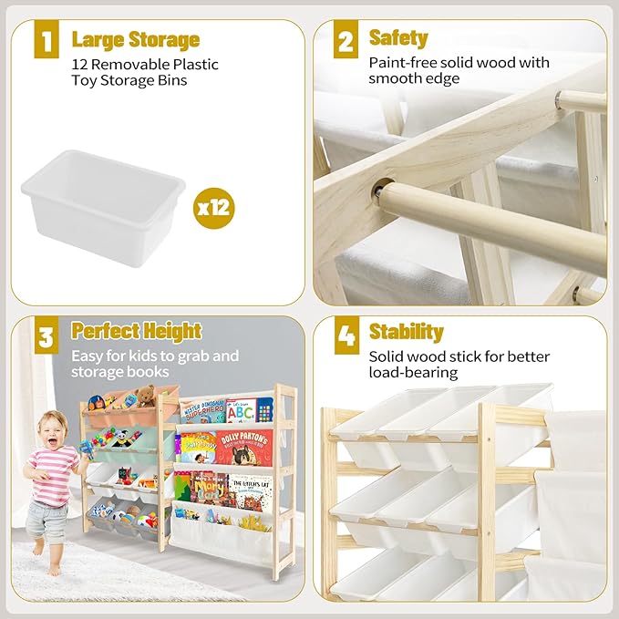 Toy Storage Organizer with Bookshelf - 12 Storage Bins 4-Tier Multipurpose Shelf to Organize Toys and Books for Kids Room, Playroom, Nursery Room, Multi-Color