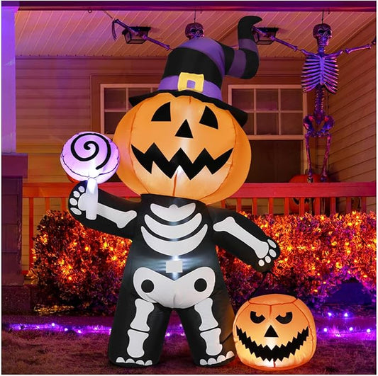 GOOSH 6 FT Halloween Inflatable Pumpkin Skull Body Outdoor Decorations Blow Up Yard Pumpkin with Built-in LEDs for Garden Lawn Party Decor