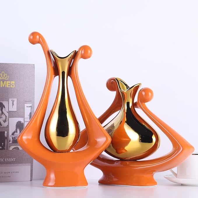 Orange Gold Abstract Art Ceramic Vases for Home Décor Accent,Nordic Modern Minimalist Vases for Flowers,Shelf,Table Centerpieces,Bookshelf,Fireplace Mantle,Rustic,Wedding,Mid Century Décor