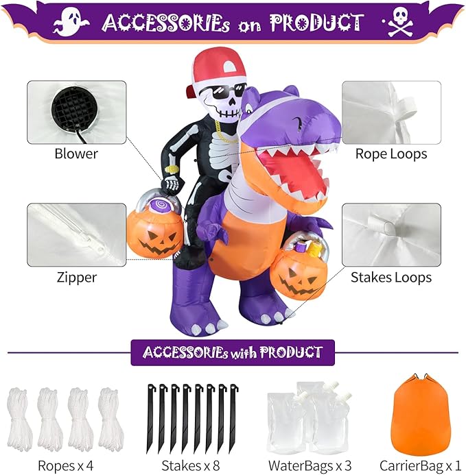 DomKom Halloween Inflatable Blow Up Decorations, 6FT Skeleton Knight Riding Dinosaur, Built-in LEDs for Holiday Party, Garden, Lawn, Yard, Patio Décor