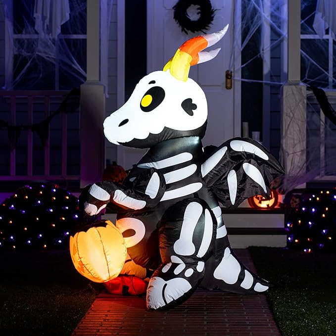 Joiedomi 5 FT Tall Halloween Inflatables Outdoor Decorations, Blow Ups Skeleton Halloween Decor Inflatable Skeleton Dragon with Build-in LEDs for Outside Yard Decorations