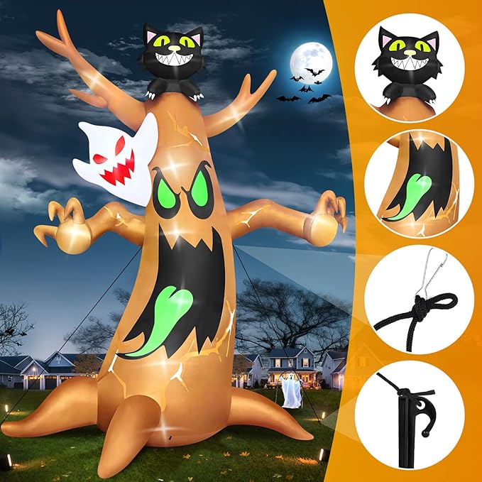 20FT Halloween Inflatable Tree with LED Light, Kalolary Giant Ghost Tree Inflatable Halloween Blow-Up Outdoor Decoration Black Cat Halloween Yard Inflatable for Courtyard Lawn Shopping Mall Street