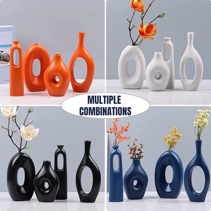 Blue Ceramic Vase Set - Round Hollow Vases for Pampas Grass & Flowers - Modern Minimalist Centerpieces for Living Room, Entryway & Dining Table, Navy Blue Color