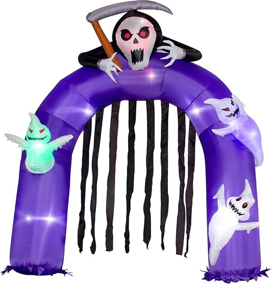 6FT Halloween Inflatables Giant Grim Reaper Arch with Three White Ghost, Built-in LEDs for Halloween Blow-Up Indoor-Outdoor Decoration, Cute Fun Holiday/Party/Yard/Garden Fantasy Party Display
