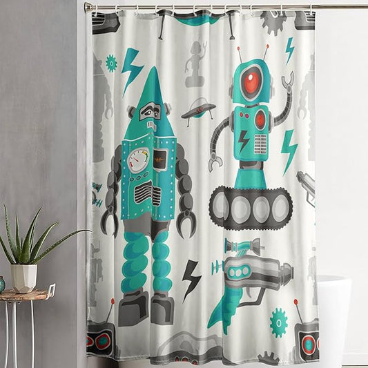 AILONEN Robot Shower Curtain,Cartoon Green Tank Robot Bathroom Decors, 72" W*78" H Logistic Robots Waterproof Shower Curtain for Boys Girls Teens Kids