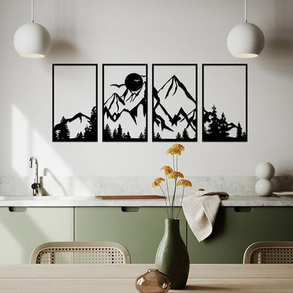 ESTART 4 Pcs Mountain Range Metal Wall Art Decor Summit Metal Wall Sign Rustic Forest Home Decor Sign Mountain Scene Wall Decor Art Hanging for Living Room Bedroom Bathroom Office, 45.3 x 17 Inch