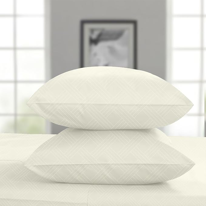 Threadmill Luxury 100% Cotton Queen Bed-Sheets - 800 Thread Count Jacquard Celine Ivory, Better Than Egyptian Cotton,4 Pc Striped Bed Set, Damask Sheets with Elasticized Deep Pocket