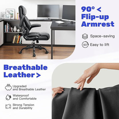 Office Chair, High Back Executive Office Chair Ergonomic Computer Desk Chair with Rocking Function, Leather Managerial with Adjustable Flip-Up Armrests and Lumbar Support