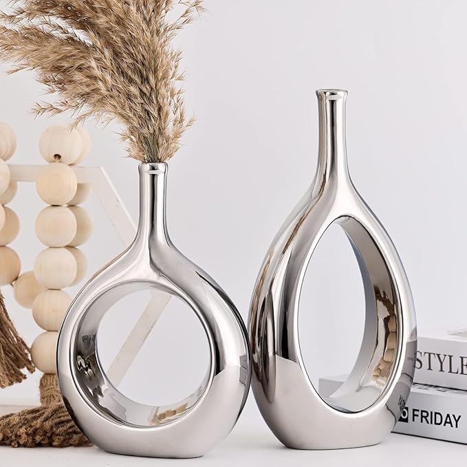 Glossy Silve Ceramic Vase Set 2,Modern Hollow Circle with Hole Flower Vase for Home Decor,for Table Centerpieces,Farmhouse,Fire Place,Living Room,Bedroom,Office,Bookshelf,Rustic Decor