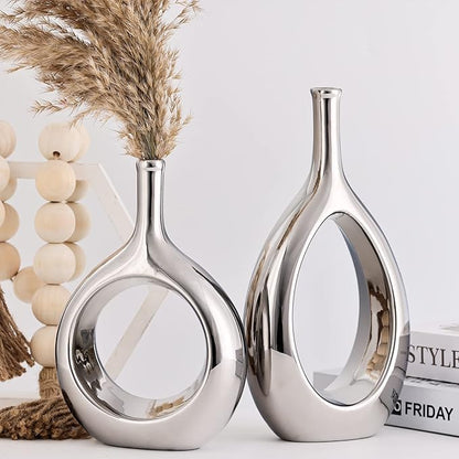 Glossy Silve Ceramic Vase Set 2,Modern Hollow Circle with Hole Flower Vase for Home Decor,for Table Centerpieces,Farmhouse,Fire Place,Living Room,Bedroom,Office,Bookshelf,Rustic Decor
