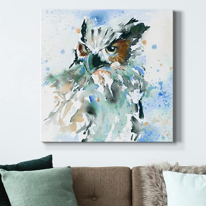 Canvas Prints Wall Art Animals Painting for Wall Décor, Owl On Blue Wall Art, Ready to Hang, 32'' x 32''