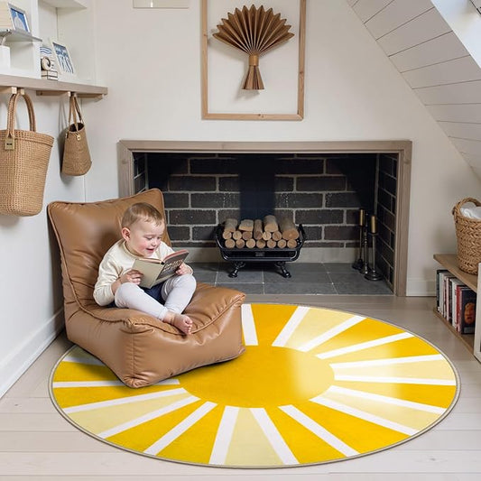 Lahome Round Area Rugs 5Ft - Washable Large Boho Round Rug for Living Room Cute Soft Nursery Rug Non-Slip Low-Pile Circle Rug, Rainbow Sun Print Round Carpet for Bedroom Dining Room (5'x5', Yellow)