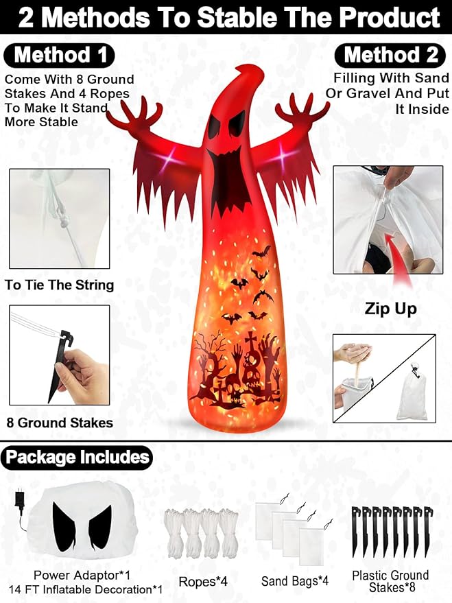 14 Ft Giant Halloween Inflatable Ghost Decorations Outdoor with 3 Colored Rotating Flame LED Changing Red Blue Green Lights, Scary Ghosts Blow Up Halloween Decor for Garden Yard Lawn Holiday Party