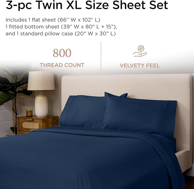 Threadmill Luxury 800 Thread Count 100% Cotton Sheets - Sateen Weave Twin XL Bed-Sheets, Better Than Egyptian Cotton,3 Pc Solid Soft Bedding Set (Folkstone Blue), Fits 15" Deep Pocket