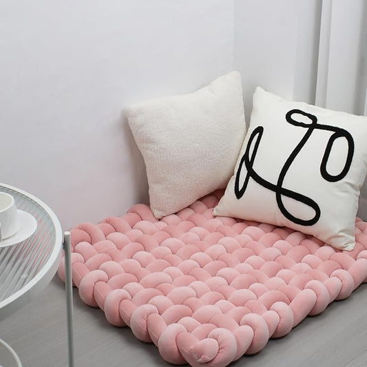 XHJRI Thickened Braided Knot Seat Mat, Knotted Floor Decorative Cushion, Handmade Baby Infant Playing Pad Nursery Rug (27.5 * 31.5 Inch,Rose Gold)