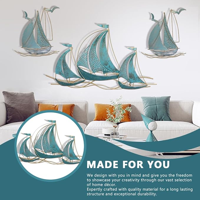 3 PCS Metal Wall Art Large Metal Sailboat Wall Decor, Metal Ship Wall Decorations, Large Metal Ship Wall Decor for Living Room, Bedroom, Modern Home Wall Sculpture for Office, Bedroom