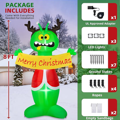 8FT Christmas Inflatable Outdoor Decoration, Inflatable Alien Christmas Blow Up Yard Decorations with Built-in LEDs Inflatable Xmas Decorations for Party Garden Yard Lawn Decor