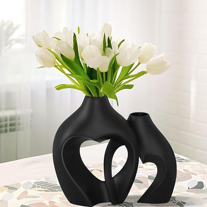 Black Vases for Decor, Heart Shaped Ceramic Vase Set of 2, Nordic Modern Boho ins Style Decorative Ceramic Aesthetic Flower Vase for Home Decor, Living Room Office House Decoration