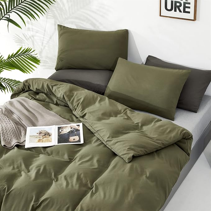 Cottonight Green Comforter Set California King Olive Green Bedding Set Dark Green Blanket Quilts Modern Soft Breathable 3 Piece Army Comforter Set for Women Men