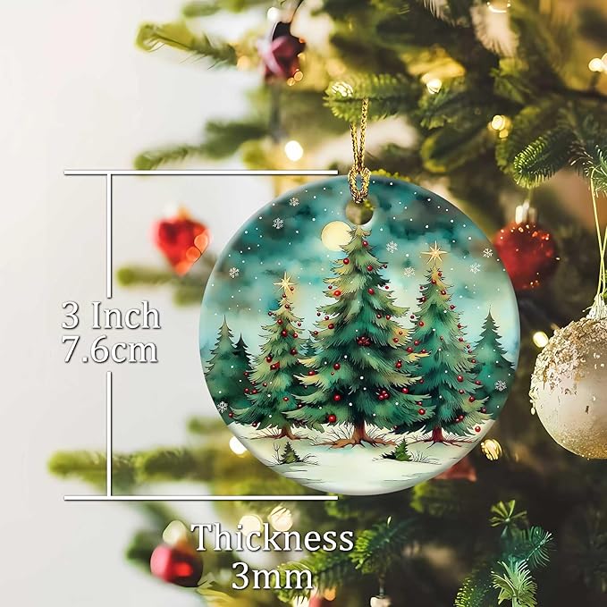 Christmas Tree Forest Ornaments Round Ceramic Ornament Christmas Keepsake Decor for Xmas Tree Winter Holiday Xmas Gift for Women Men Hanging Ornament 3"