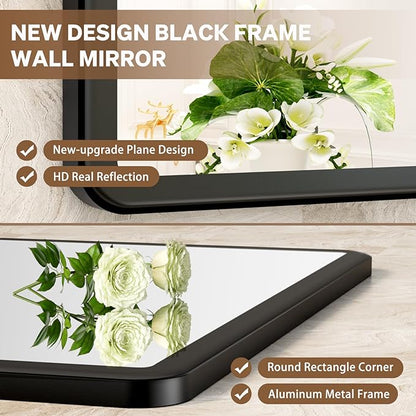 New Upgrade 30X36 Inch Wall Mounted Bathroom Mirror, Black Metal Frame Rounded Rectangle Mirror, Bathroom Vanity Mirror with Tempered Glass for Washroom Bedroom Living Room