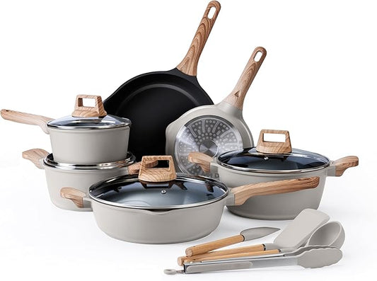 Country Kitchen Pots and Pans Set Nonstick, Cast Aluminum Kitchen Cookware Set with Utensils, 14 Pcs Non Stick Cooking Set w/Frying Pans & Saucepans