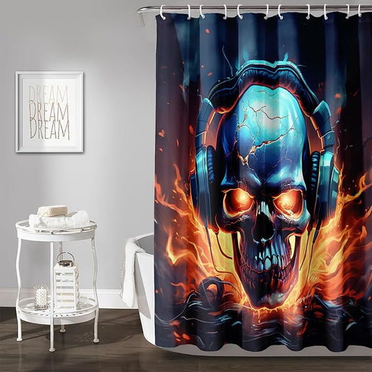 AILONEN Headset Skull Shower Curtain,Hip Hop Skeleton Fire Skull Bath Curtain,Cool Skull Decoration Bathroom Curtain with 12 Plastic Hooks,Waterproof 48" W*72" H