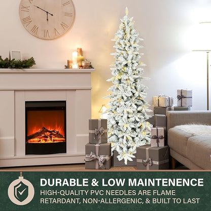 Fraser Hill Farm 6.5-Ft. Slim Mountain Pine Flocked Artificial Christmas Tree with Warm White LED Lights and Stand, Prelit Foldable Fake Tree with Realistic Snowy Foliage for Home Decoration