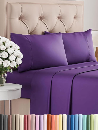 CGK Linens Twin XL 4 Piece Sheet Set - Cooling Sheets for Hot Sleepers - Hotel Luxury Bedding Set w/ 8-16 Inch Deep Pockets - 1 Flat & 1 Fitted & 2 Pillowcases - Soft, Comfy & Wrinkle Free - Purple