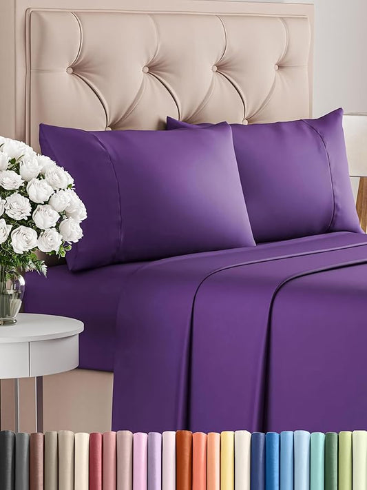 CGK Linens Twin XL 4 Piece Sheet Set - Cooling Sheets for Hot Sleepers - Hotel Luxury Bedding Set w/ 8-16 Inch Deep Pockets - 1 Flat & 1 Fitted & 2 Pillowcases - Soft, Comfy & Wrinkle Free - Purple