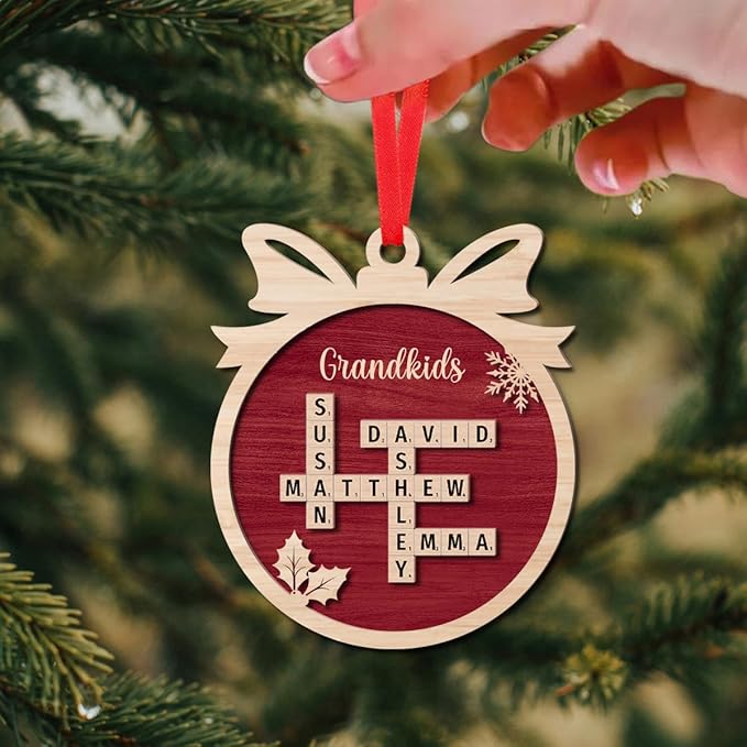 Personalized Wooden Crossword Art, Custom Grandkids Ornament, Custom Christmas Tree Ornament
