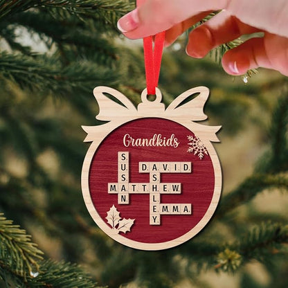 Personalized Wooden Crossword Art, Custom Grandkids Ornament, Custom Christmas Tree Ornament