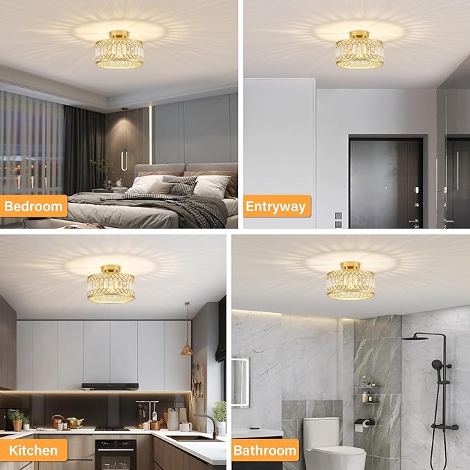 Crystal Ceiling Light Fixture, Modern Semi Flush Mount Ceiling Light, Gold Lighting Fixtures Ceiling Lamp for Hallway, Kitchen, Entryway, Bedroom, Laundry Room, 1-Light, 11.4 Inch