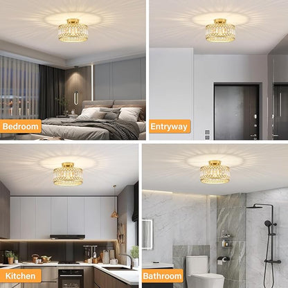 Crystal Ceiling Light Fixture, Modern Semi Flush Mount Ceiling Light, Gold Lighting Fixtures Ceiling Lamp for Hallway, Kitchen, Entryway, Bedroom, Laundry Room, 1-Light, 11.4 Inch